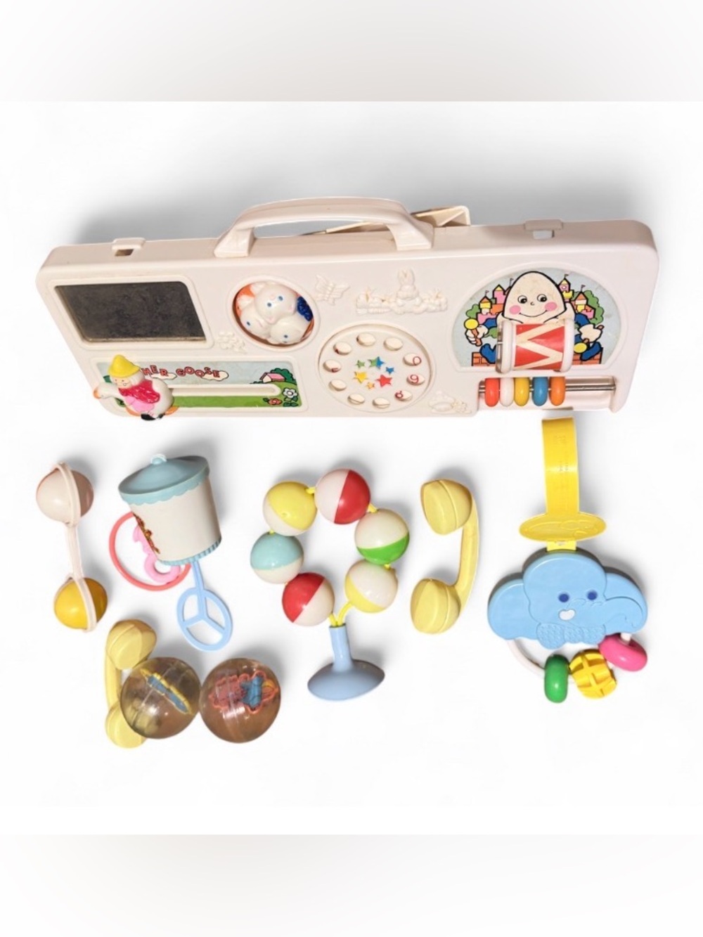 Vintage Baby Toy Lot - Mother Goose Crib Activity Center, Rattles, Bath Balls